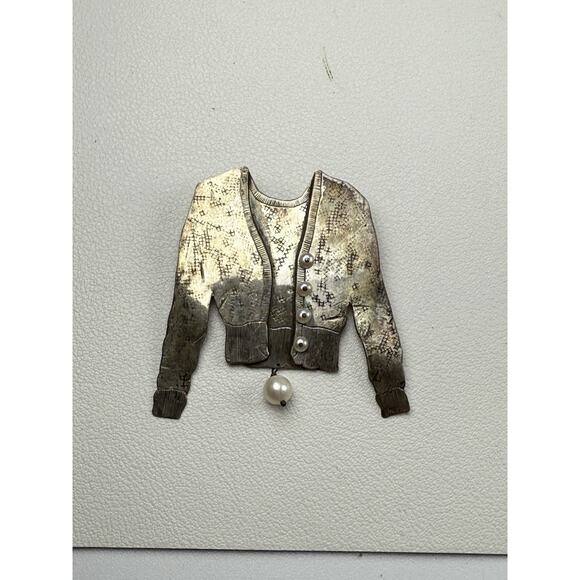 Signed C. Vintage Sterling Silver Brooch Sweater Real Pearls - Picture 5 of 8